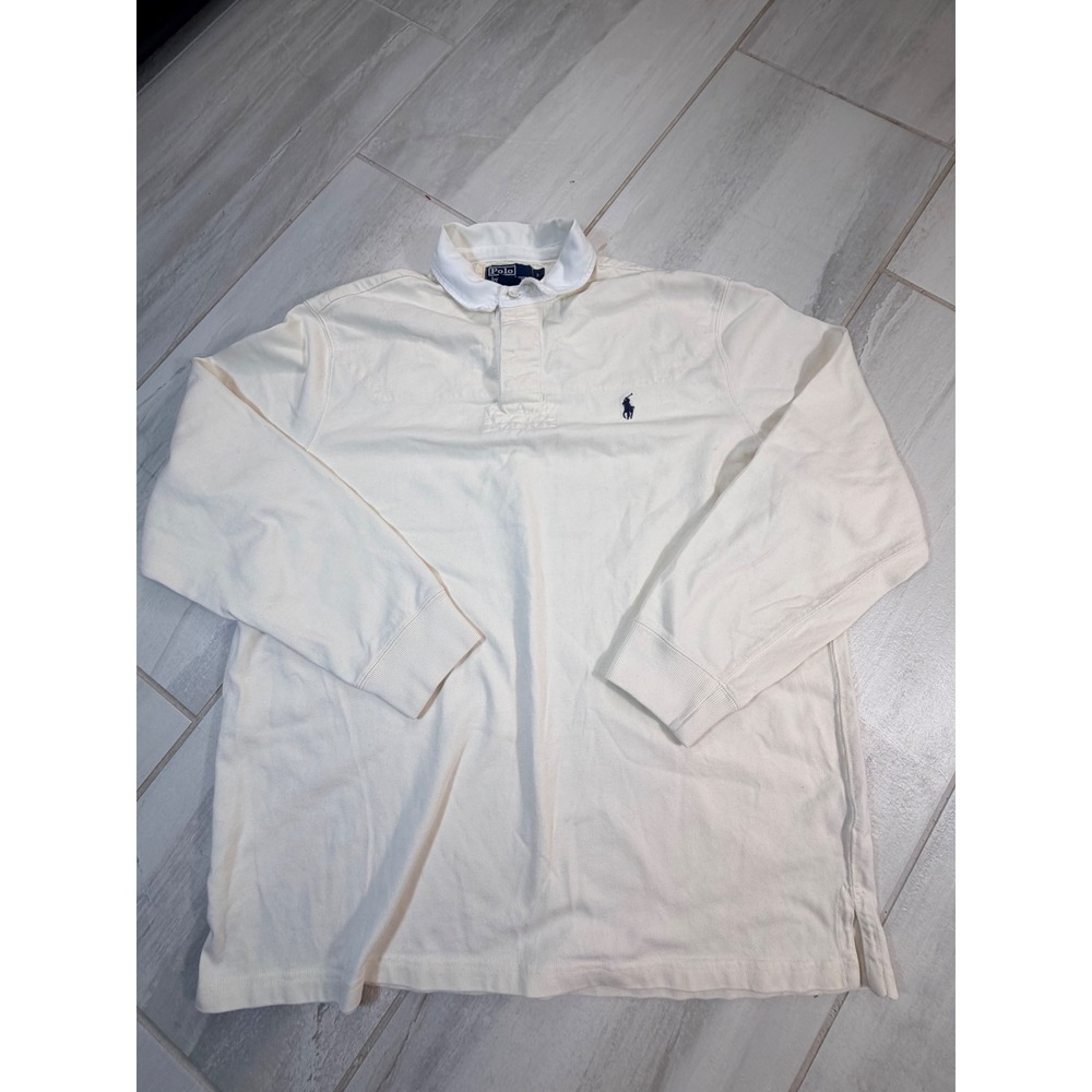 Polo Ralph Lauren Mens Cream Long Sleeve Rugby Shirt Large Cotton Off White